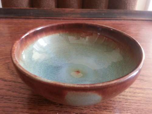 Linn Ware ceramic bowl  mottled teal green and brown circa 1940s