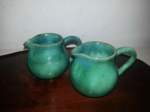Linn Ware studio ceramic jugs (pair) in sea green glaze circa 1940's