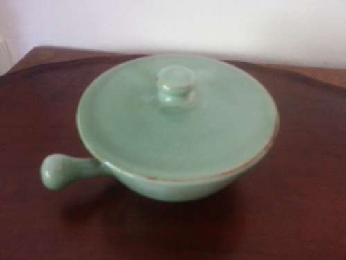 Linn Ware ceramic serving bowl with lid sage green glaze circa 1940's