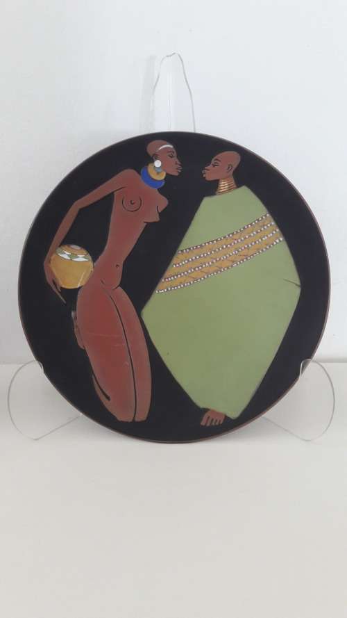 Fine Kalahari wall plate/charger with stylized decoration of Ndebele women 1950's
