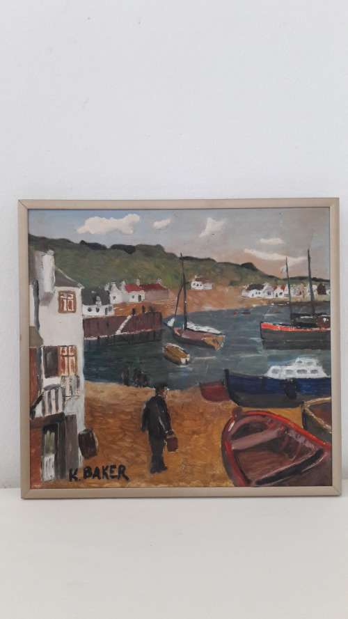 Kenneth Baker Cape village harbour scene oil on board