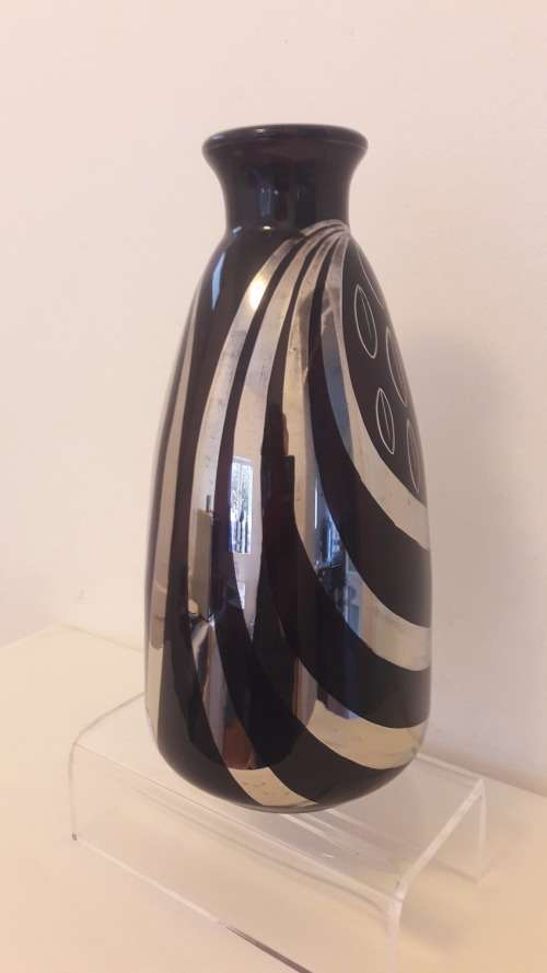 French Art Deco Fanus hand painted vase dark purple glass with silver gilt circa 1930's