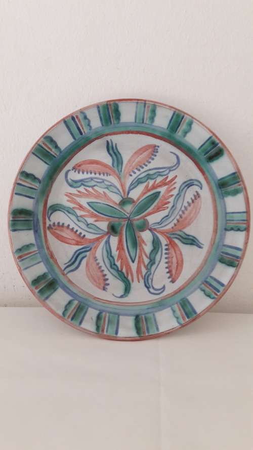 Rare Linn Ware hand painted  ceramic platter with abstracted floral/botanical motif 1950
