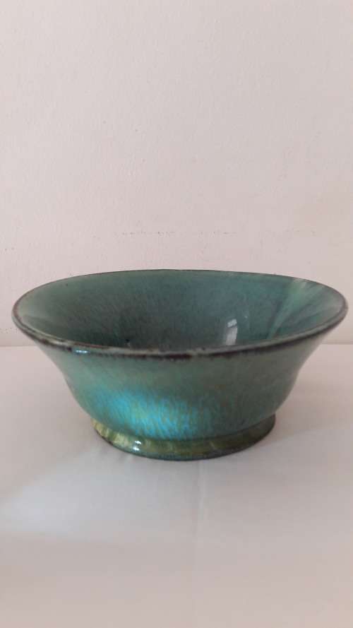 Globe studio ceramic bowl hand made mottled turquoise /sea green glaze circa 1940's