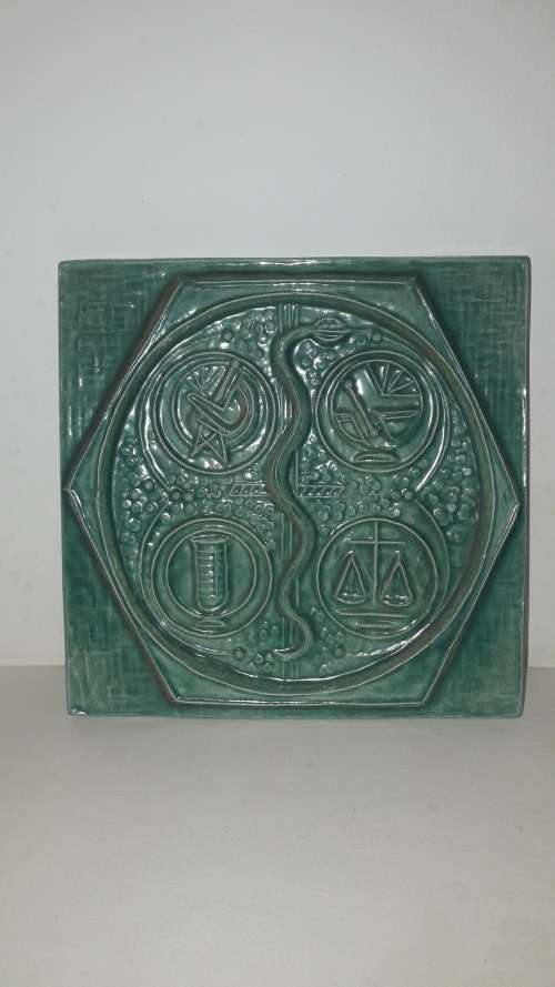 Dirk Meerkotter listed SA artist rare large limited edition ceramic tile 1975 celadon glaze