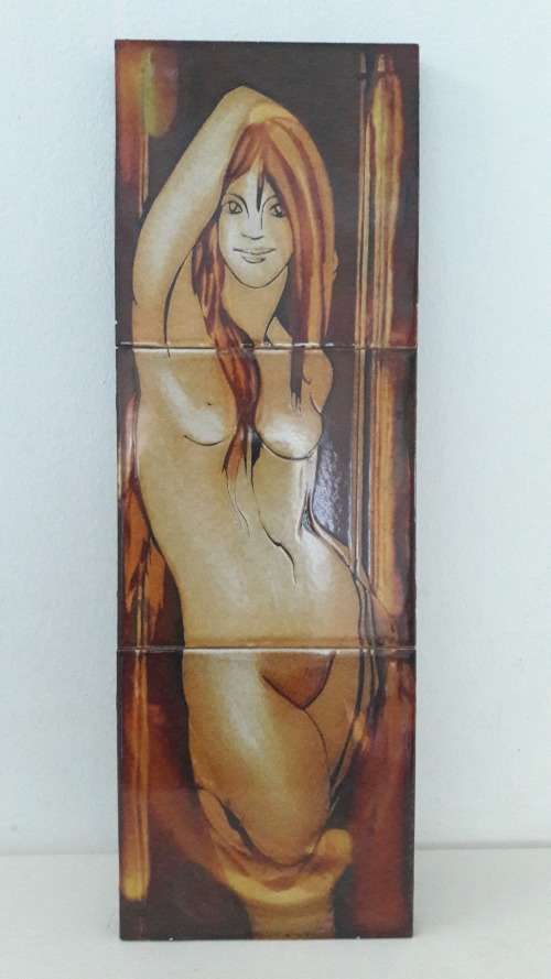 Retro Collectible Liebermann Pottery ceramic  tile panel depicting female nude 1970's