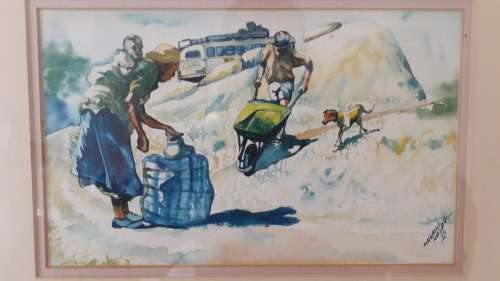 Watercolour by listed Zimbabwean artist Malaki Ndlovu 1986 size incl frame 37cm x 28.5cm