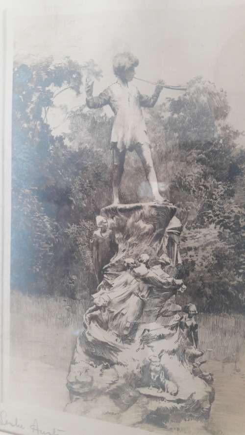 Etching of Peter Pan sculpture by British artist Leslie Austen circa 1924