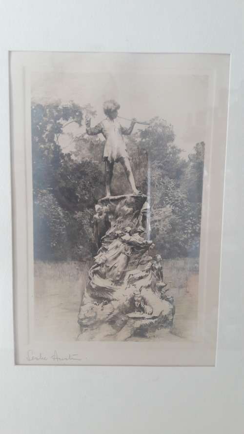 Etching of Peter Pan sculpture by British artist Leslie Austen circa 1924