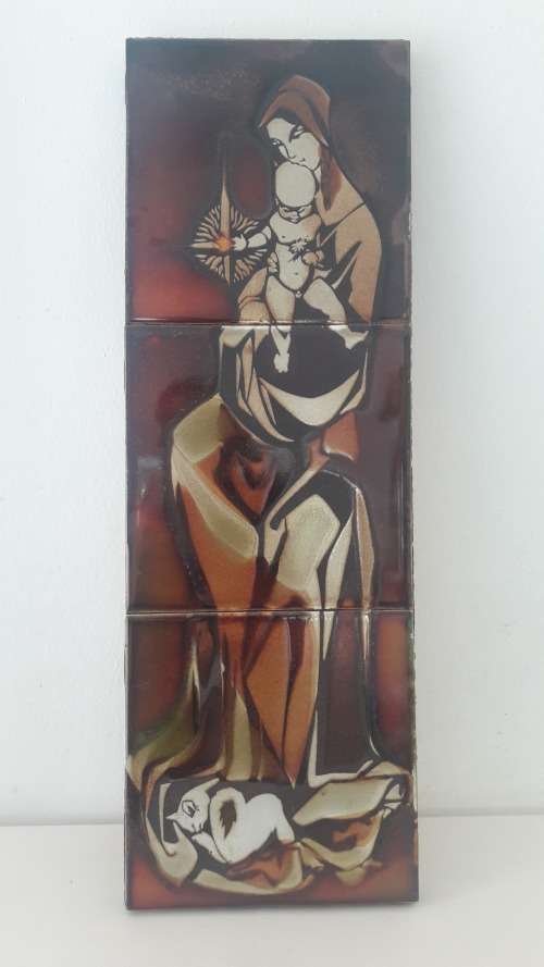 Liebermann Potteries circa 1970's ceramic tile mural with Christian  Nativity theme