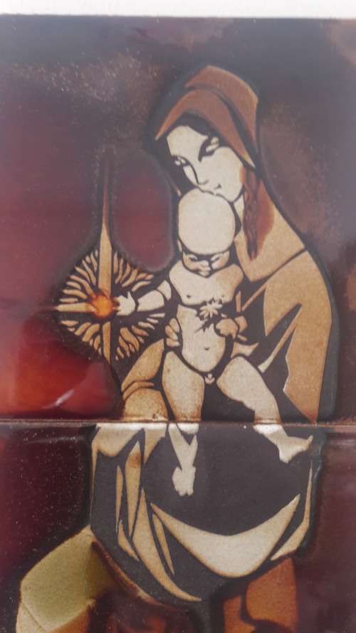 Liebermann Potteries circa 1970's ceramic tile mural with Christian  Nativity theme