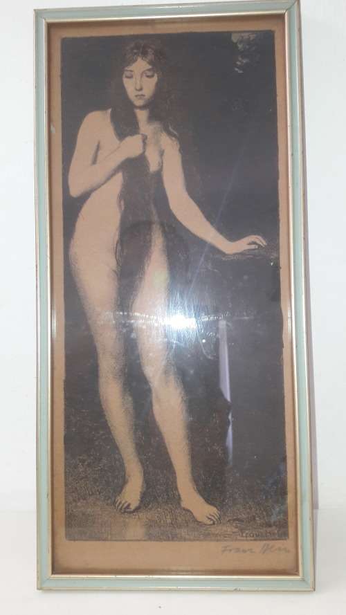 Rare signed lithograph by German Art Nouveau artist Franz Heinz circa 1890-1910