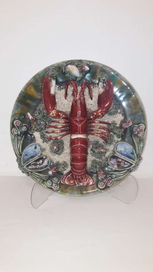 Portuguese majolica wall plate Palissy style lobster mid 20th Century