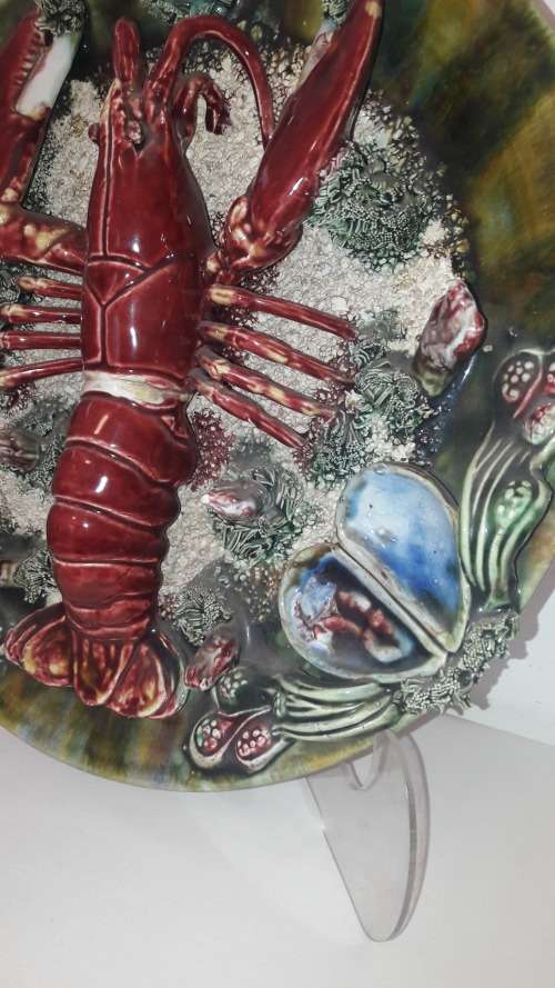 Portuguese majolica wall plate Palissy style lobster mid 20th Century