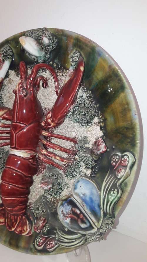Portuguese majolica wall plate Palissy style lobster mid 20th Century