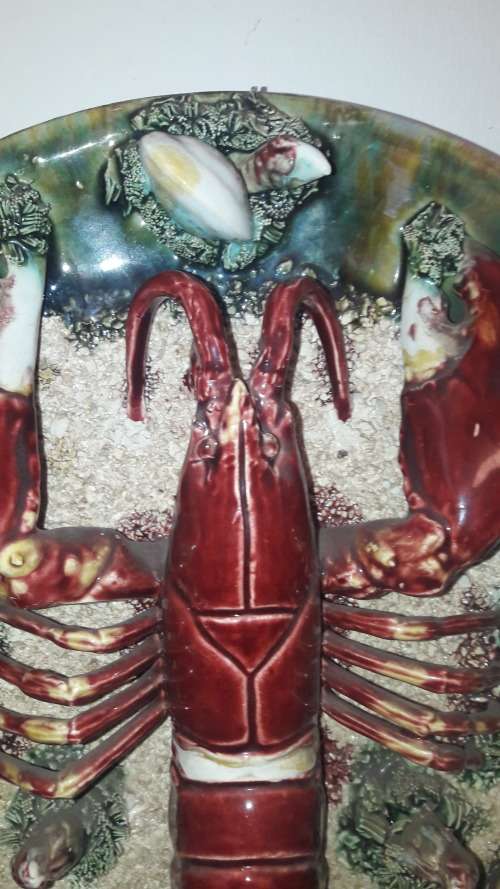Portuguese majolica wall plate Palissy style lobster mid 20th Century