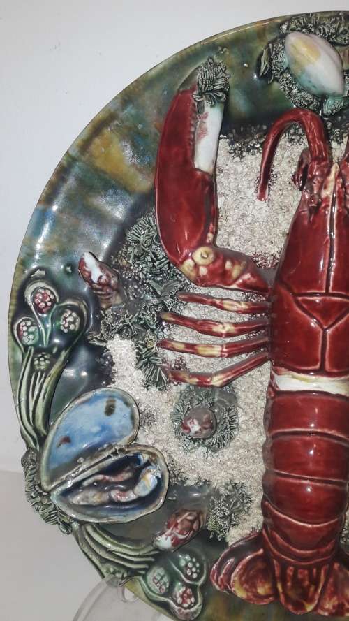 Portuguese majolica wall plate Palissy style lobster mid 20th Century