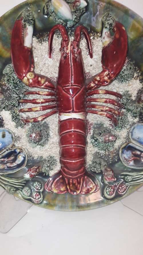 Portuguese majolica wall plate Palissy style lobster mid 20th Century