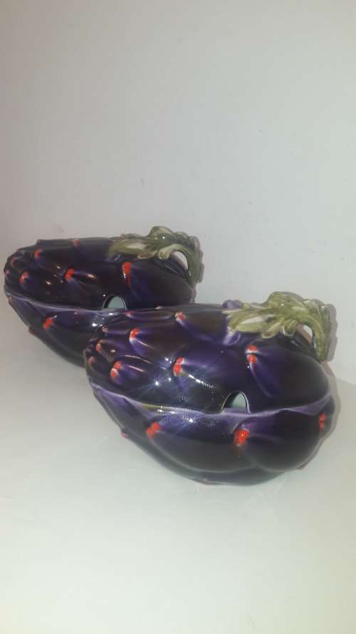 Retro Midcentury modern Italian majolica tureens x2 Artichoke shaped