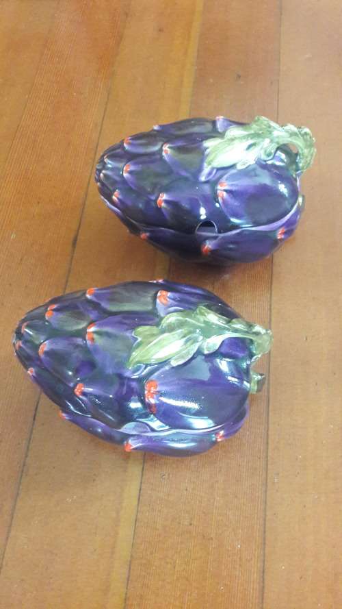 Retro Midcentury modern Italian majolica tureens x2 Artichoke shaped