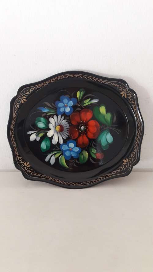 Russian hand painted card tray enamel on metal 20th Century