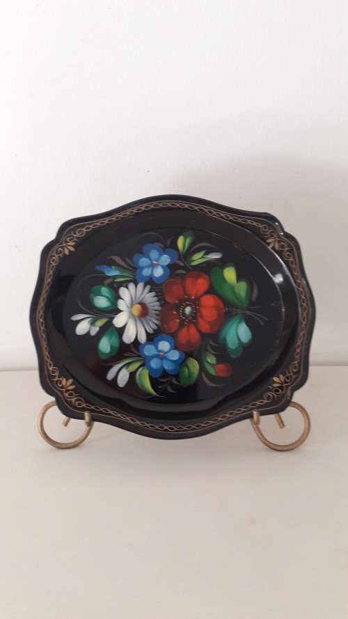Russian hand painted card tray enamel on metal 20th Century