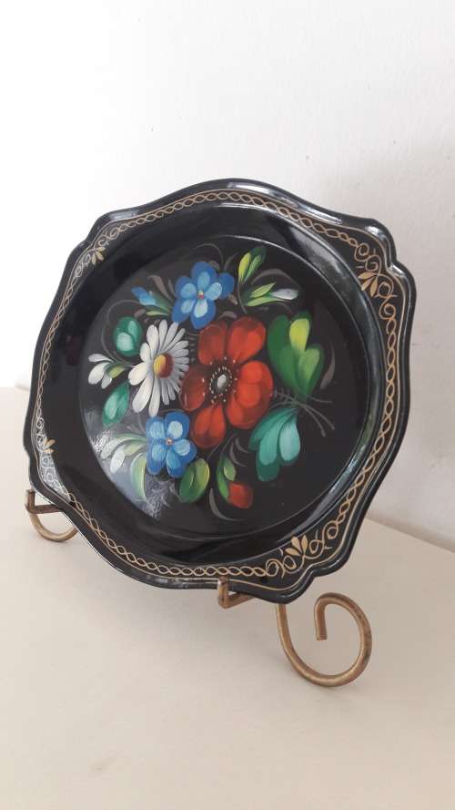 Russian hand painted card tray enamel on metal 20th Century
