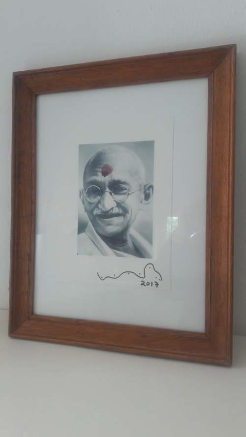 Wayne Barker highly rated contemporary SA artist Monoprint portrait of Gandhi 2017