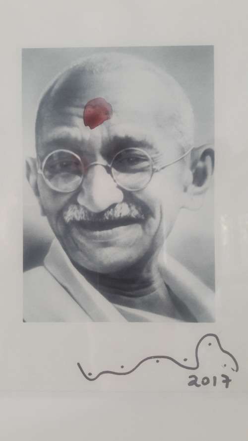 Wayne Barker highly rated contemporary SA artist Monoprint portrait of Gandhi 2017
