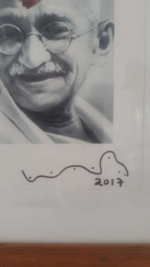Wayne Barker highly rated contemporary SA artist Monoprint portrait of Gandhi 2017
