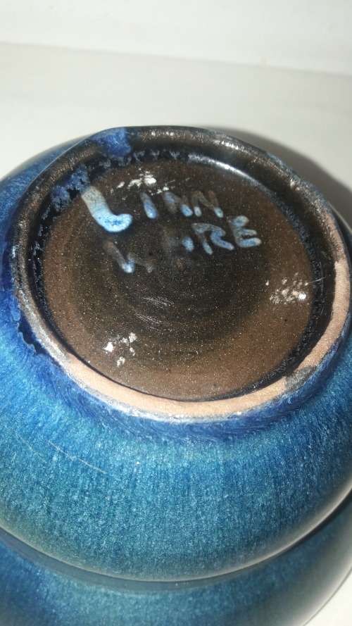 Collectible Linn Ware studio ceramic bowl in deep blue glaze circa 1940's/50's
