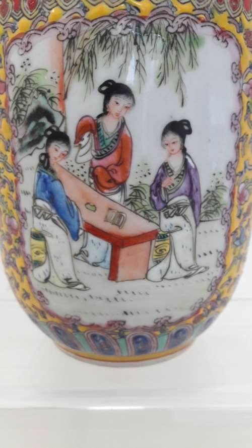 Unusual Chinese yellow ground famille rose style porcelain vase Qing dynasty Qianlong mark