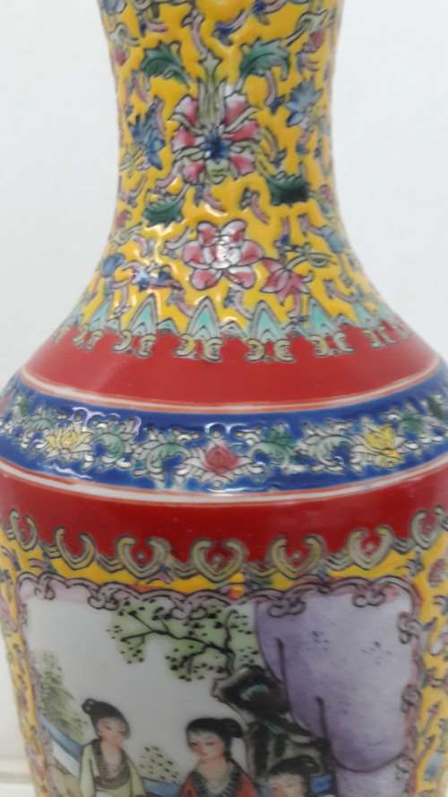 Unusual Chinese yellow ground famille rose style porcelain vase Qing dynasty Qianlong mark