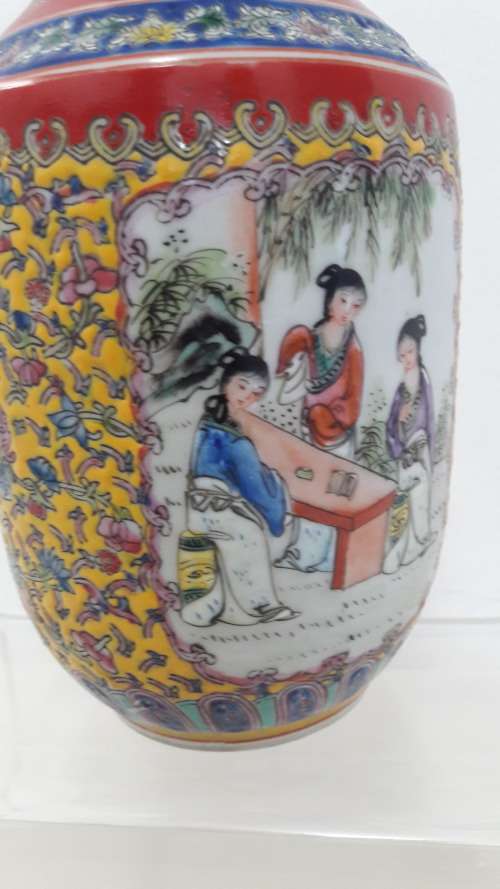 Unusual Chinese yellow ground famille rose style porcelain vase Qing dynasty Qianlong mark