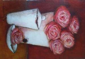 VALENCIA VAN ZYL - ROSES IN ENAMEL - 25 cm x 37 cm - canvas