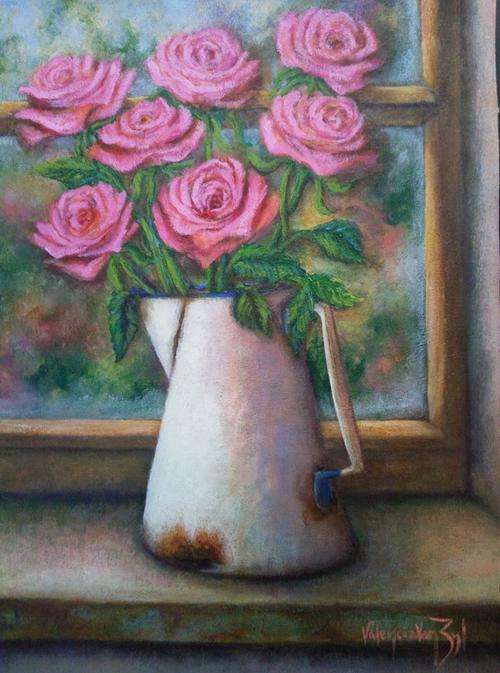 VALENCIA VAN ZYL - Roses in Enamel Jug - 35 cm x 48 cm - CANVAS