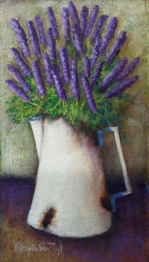 VALENCIA VAN ZYL - Lavender in Enamel jug - 19 cm x 35 cm Canvas