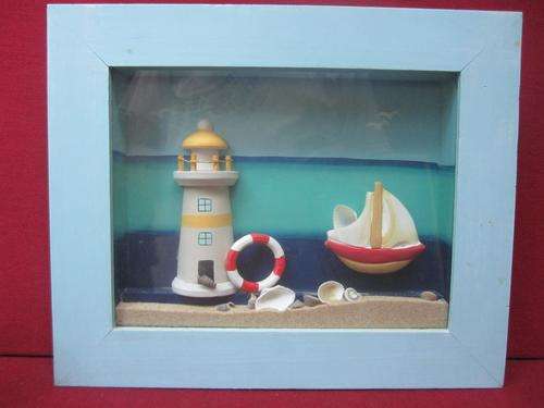 Delightful Framed Harbour Scene with Real Sand, Shells & a Light Tower, Boat and Life Ring!