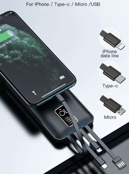 10000mAh Power Bank with Built-in Cables - White/ Black