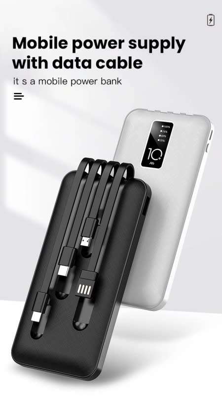 10000mAh Power Bank with Built-in Cables - White/ Black