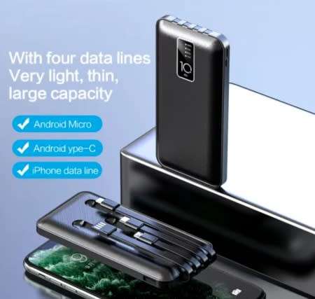 10000mAh Power Bank with Built-in Cables - White/ Black