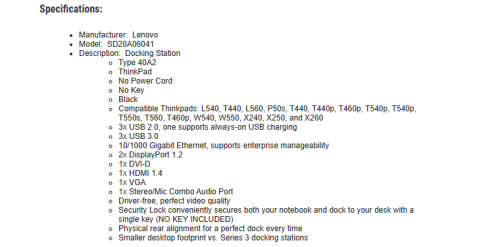 LENOVO ULTRA DOCK*TYPE 40A2*USB 3.0*HDMI*NO DRIVERS NEEDED
