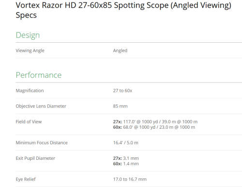 AS BRAND NEW*VORTEX RAZOR 85MM ANGLED SPOTTING SCOPE*27-60x85*