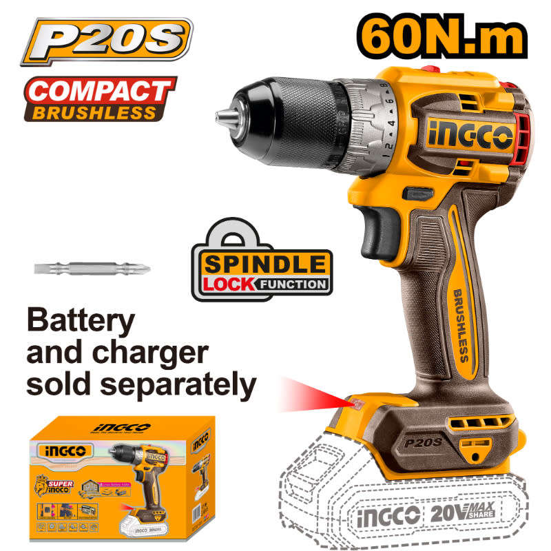 Ingco Cordless 20V Lithium-Ion Drill Brushless 60NM Compact CDLI206021