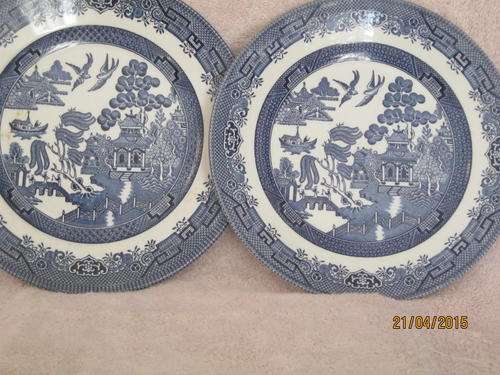 Set of 2 Churchills Blue and White Willow pattern Dinner Plates