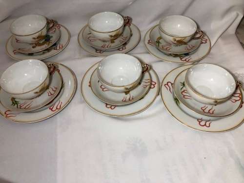 ORIENTAL DRAGON MORIAGE PORCELAIN TEA SET - 21 PIECE -6X TRIOS,JAR,2XPOTS