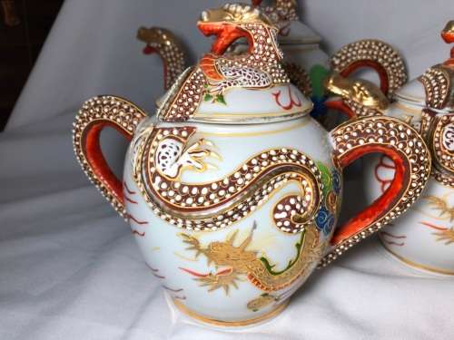 ORIENTAL DRAGON MORIAGE PORCELAIN TEA SET - 21 PIECE -6X TRIOS,JAR,2XPOTS