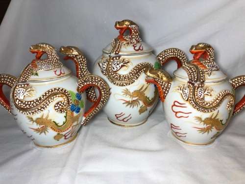 ORIENTAL DRAGON MORIAGE PORCELAIN TEA SET - 21 PIECE -6X TRIOS,JAR,2XPOTS