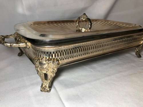 Highly detailed antique silver plated and glass entre dish with cover