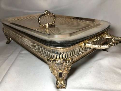 Highly detailed antique silver plated and glass entre dish with cover